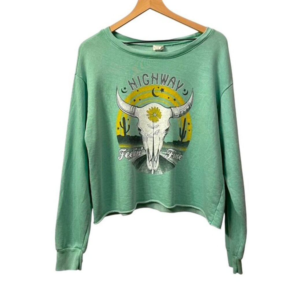 Love Vintage Graphic Crewneck Sweatshirt Pullover Raw Hem Green Size Medium